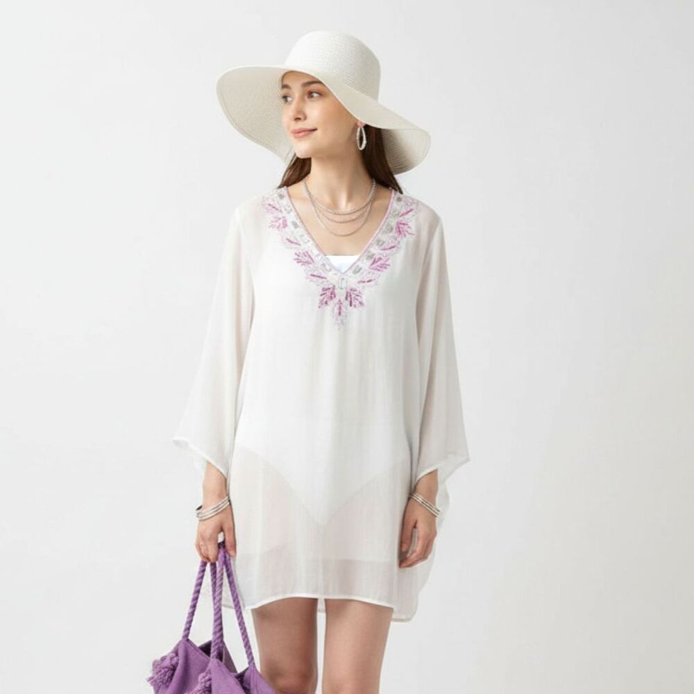 Katherine NY White & Pink Embellished V Neck Long Sleeve Sheer Tunic Top S